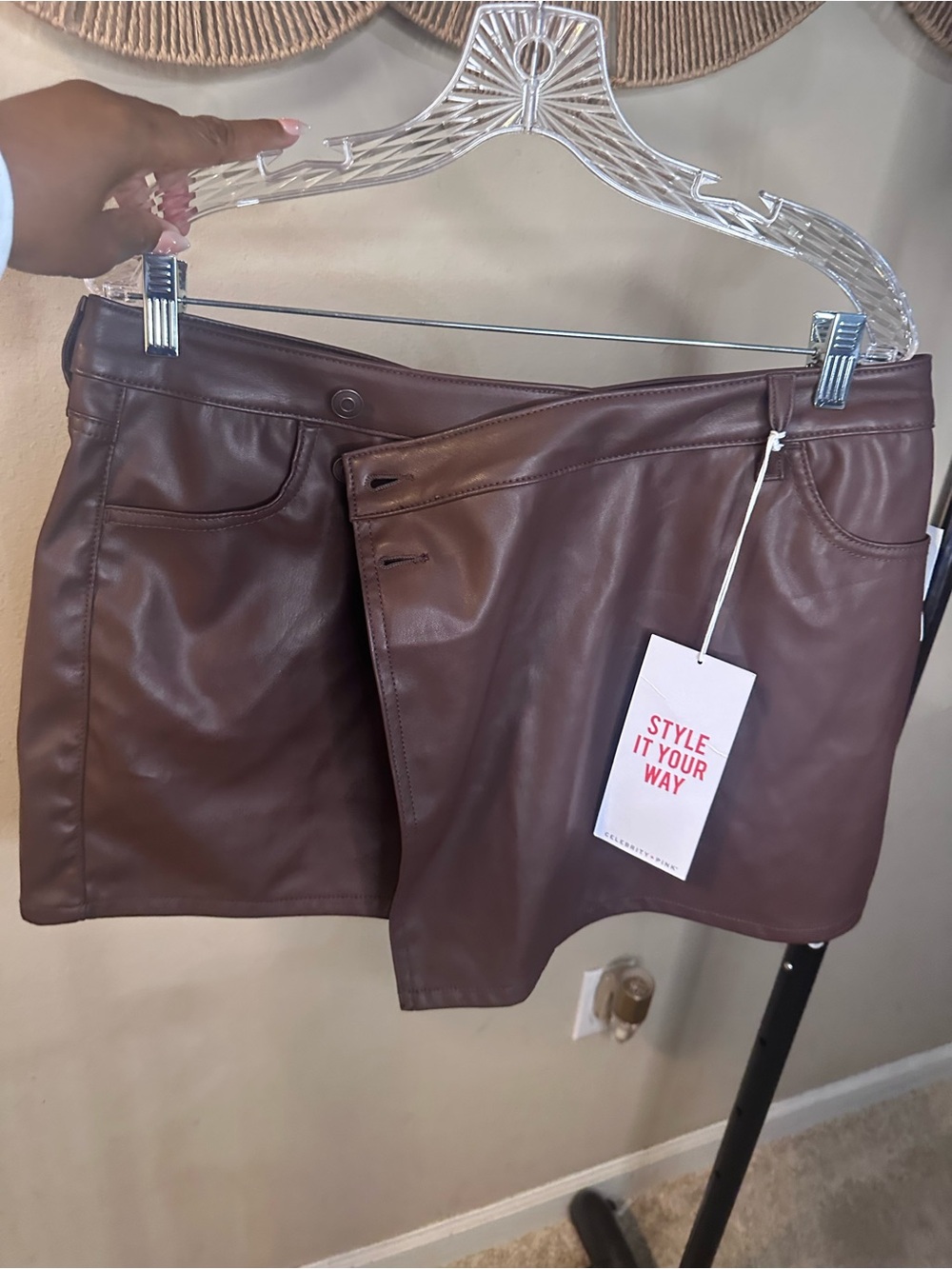 Faux Leather Asymmetrical Mini Skort- Brown